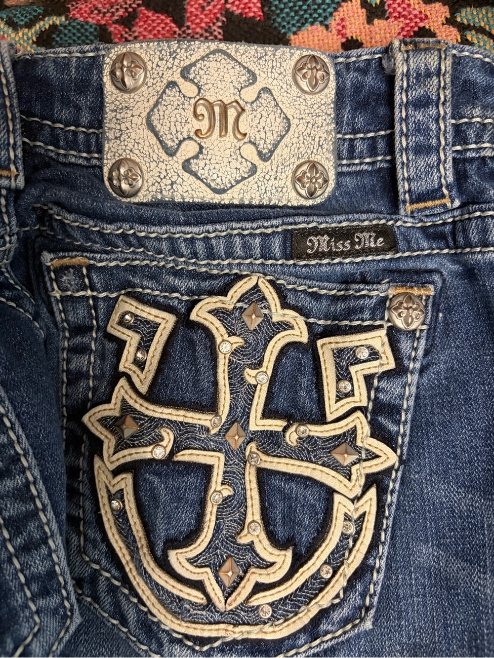 Miss Me Blue Denim Jeans with Embroidered Leather Cross Pocket